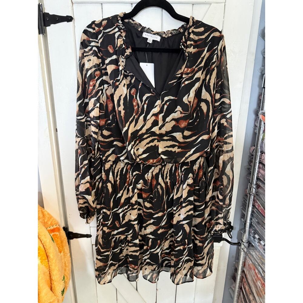 Socialite Tiger Print Ruffle Mini Dress Black Tan Women's Large NWT